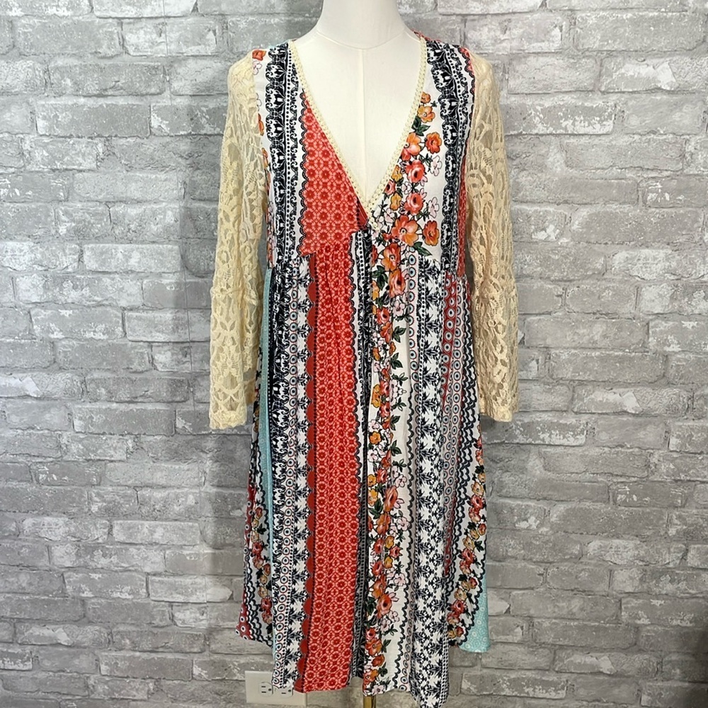 Military Hippie Boho Lace Bell Sleeve Dress